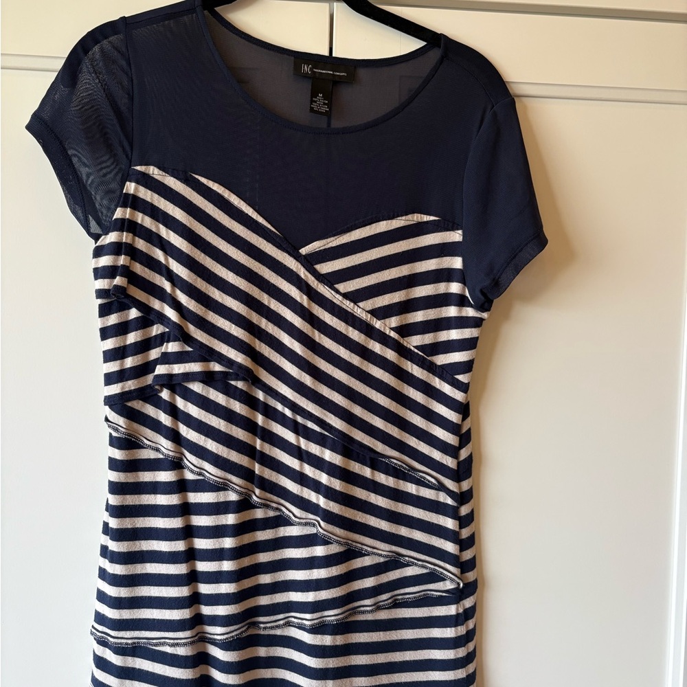 INC International Concepts Navy and Cream Striped Tee